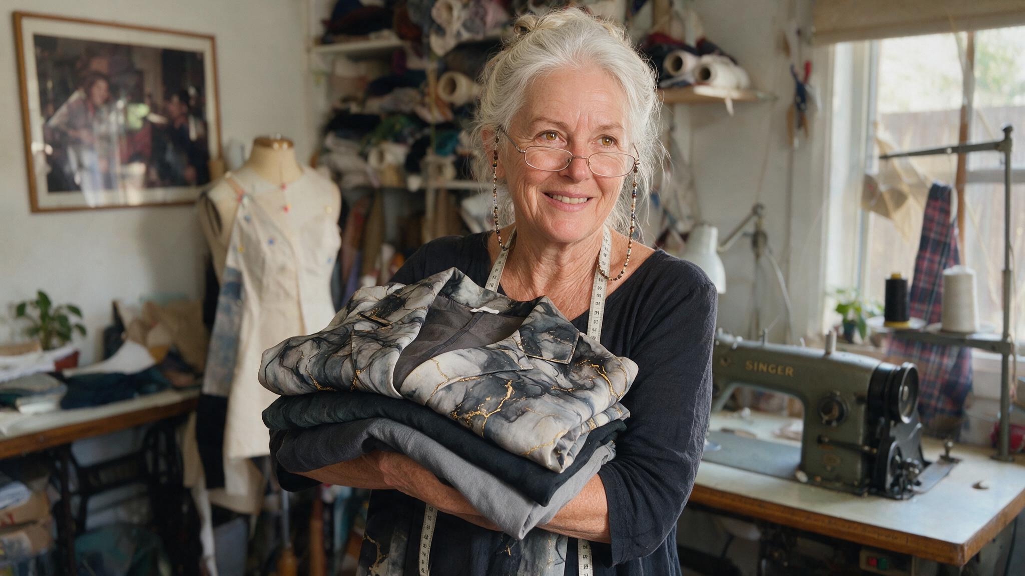 Delia Ashcombe in her Melbourne workroom, holding a folded three-piece set with the marbled ink-print jacket on top