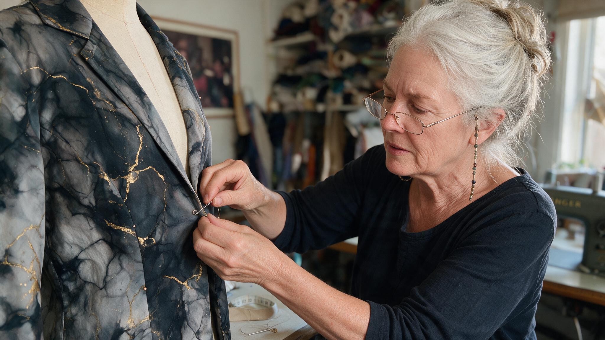 Delia's hands pinning the marbled ink-print jacket onto a dress form