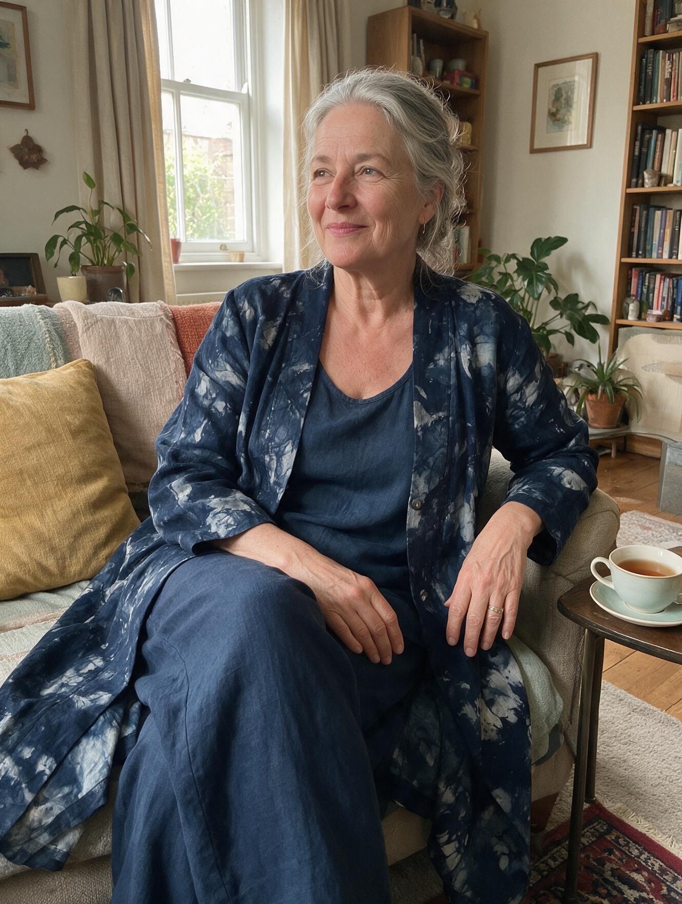 Customer relaxing at home on the sofa in the navy three-piece set
