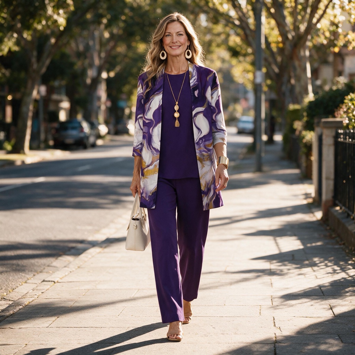 Customer in the purple three-piece set on a tree-lined street