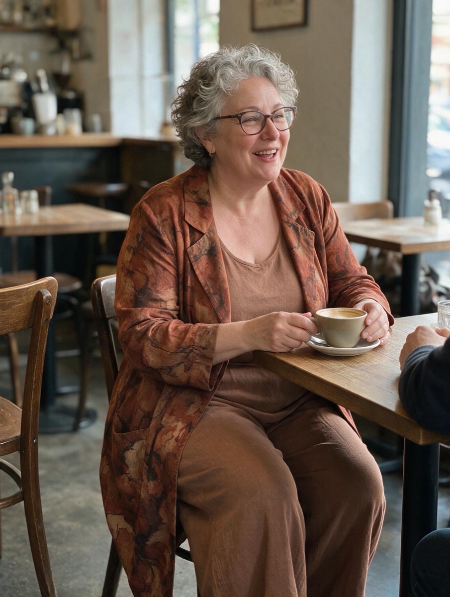 Customer in the pink floral three-piece set at a café