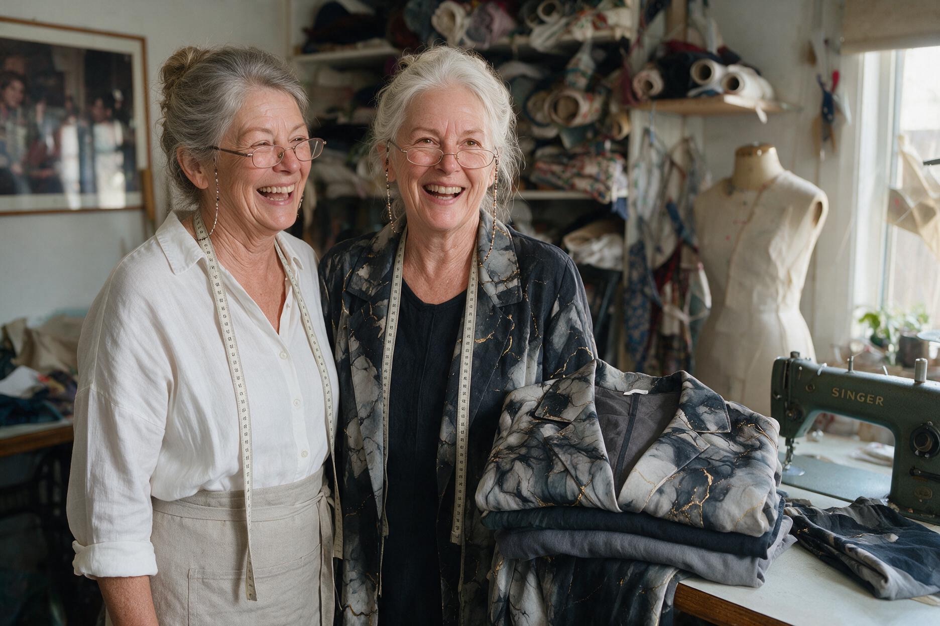 Delia and Jarah together in the workroom, laughing, the folded set between them