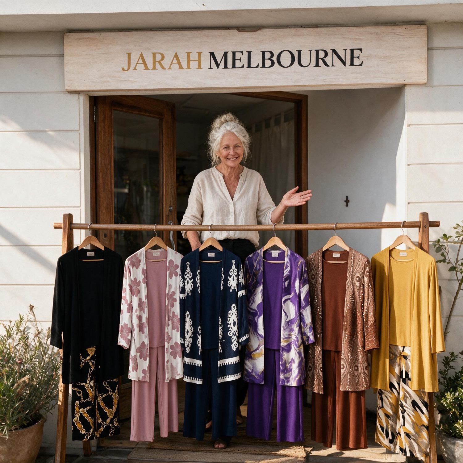 Jarah Melbourne on Chapel Street today, with the three-piece sets on the rack